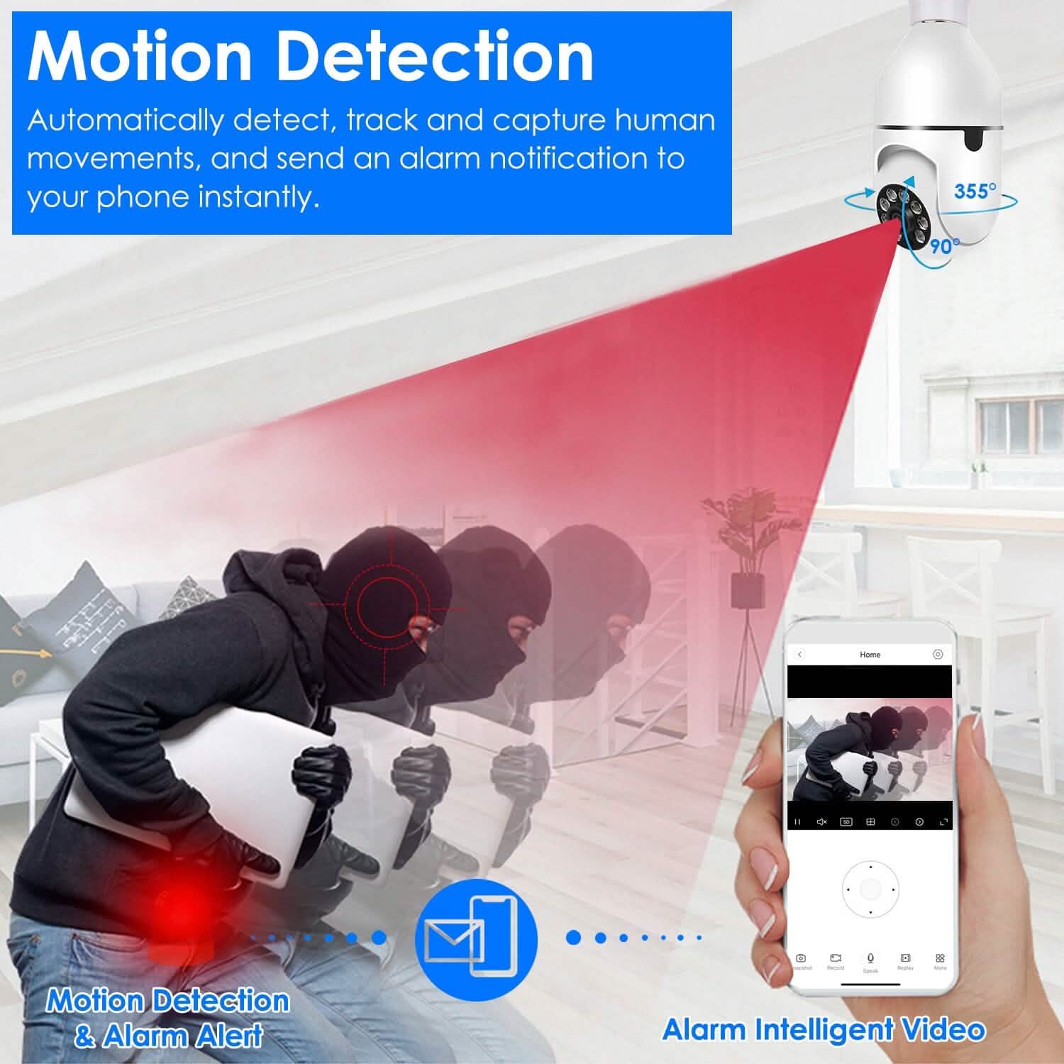 Security camera with motion detection feature, showing a person being monitored and an alarm notification on a phone.
